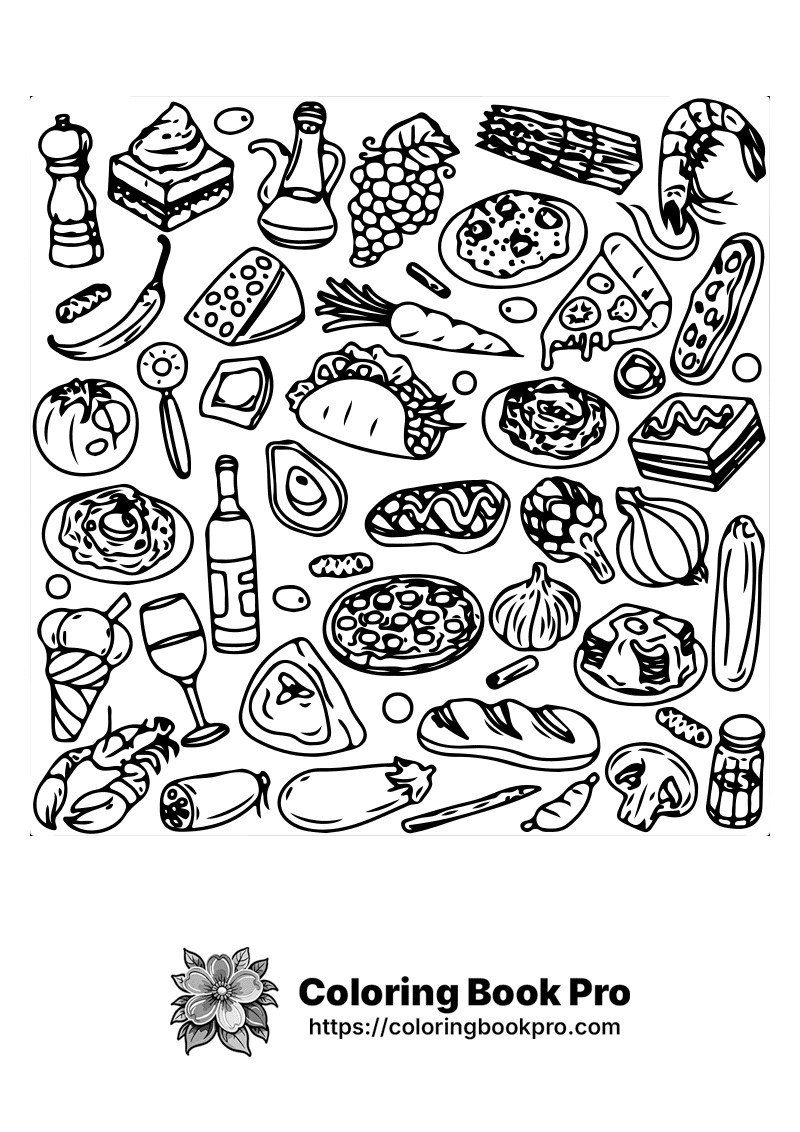 A black and white image of a bunch of food. icon