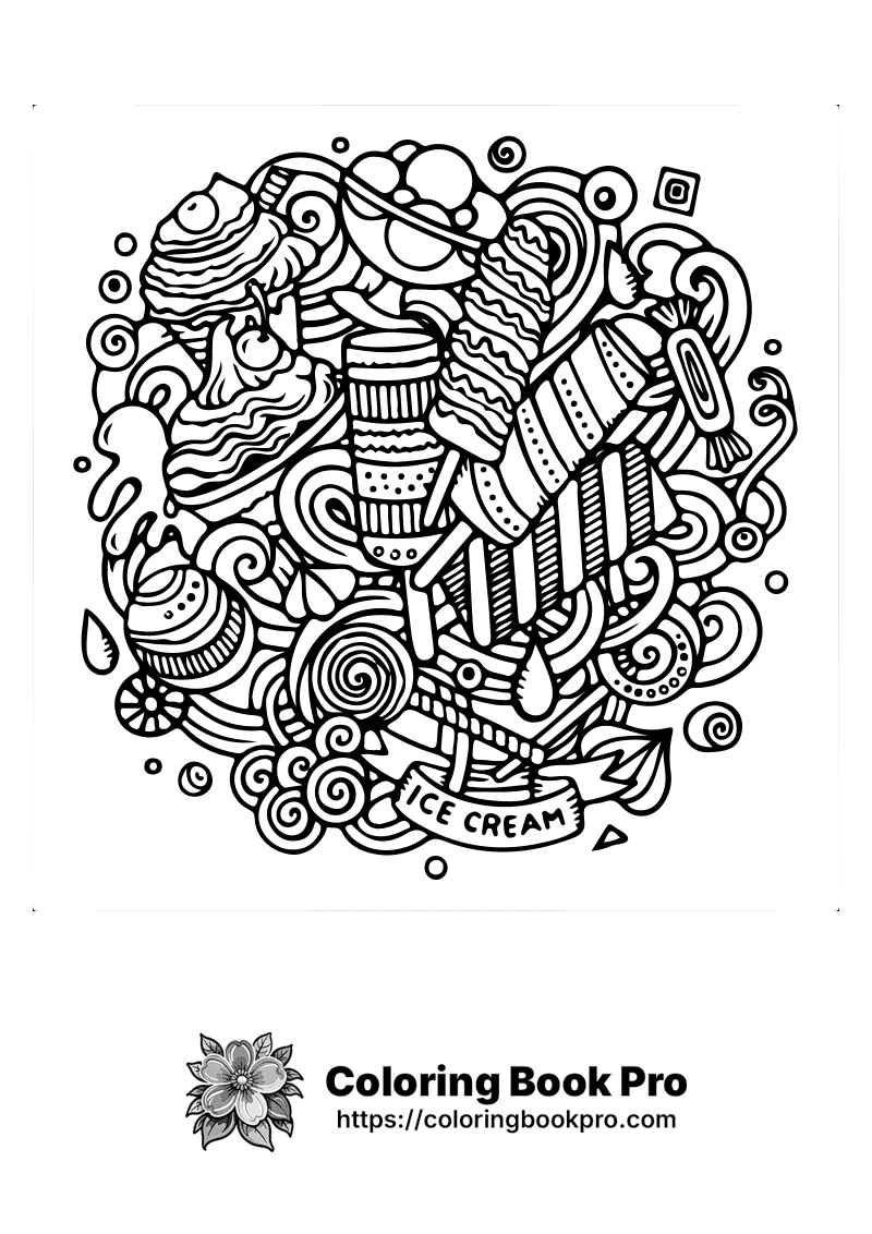 A black and white doodle drawing of ice cream icon