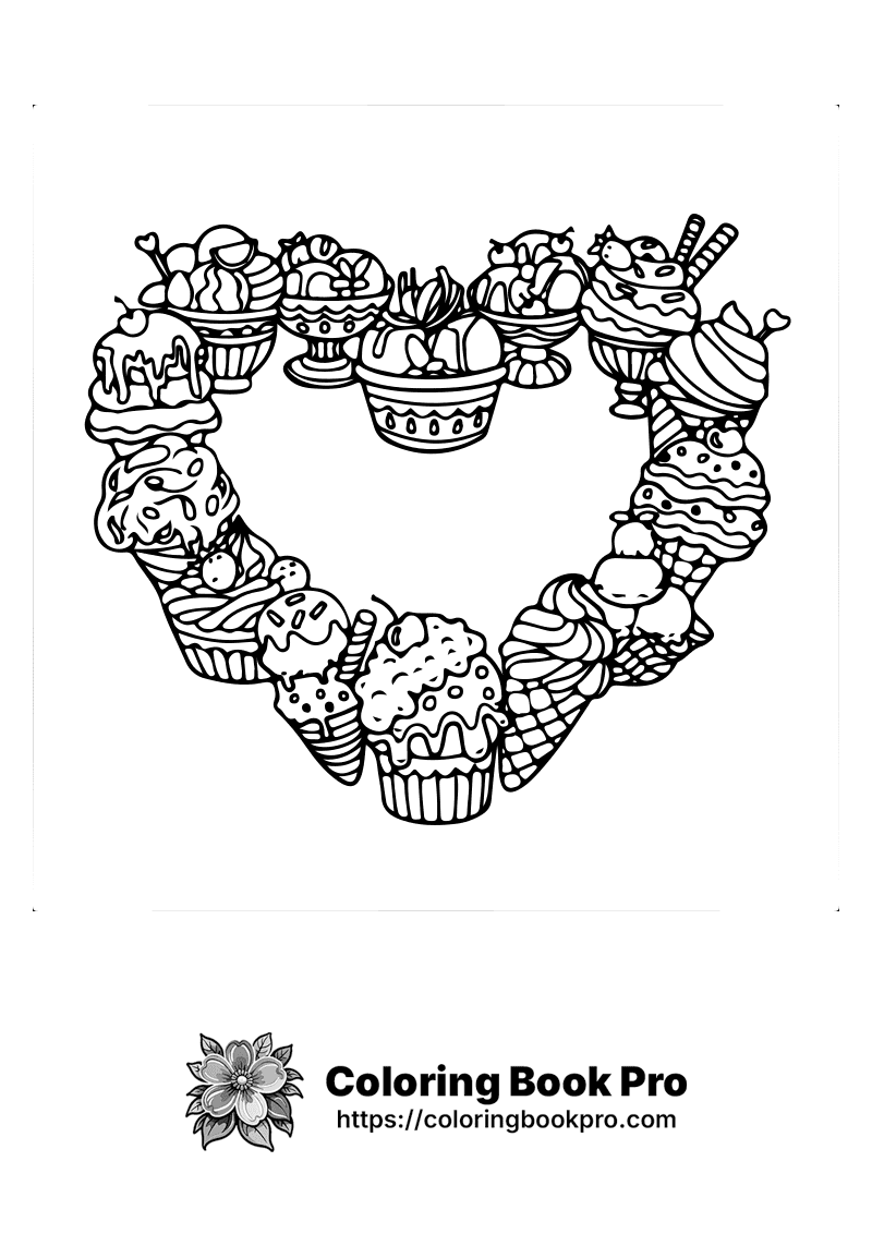 A heart made of cupcakes and ice cream cones. icon
