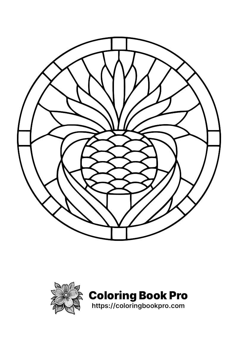 A black and white line drawing of a circular, stained glass-style emblem featuring a pineapple with radiating leaves at the top and scalloped patterns inside. icon
