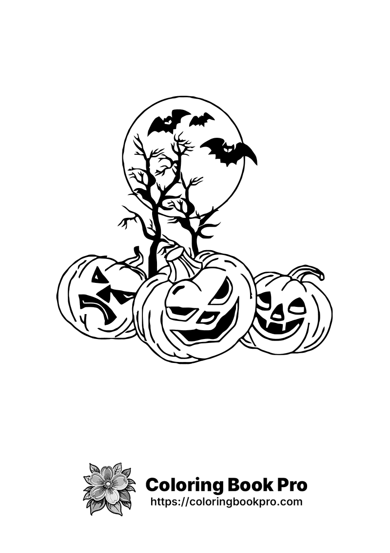 A black and white image of three pumpkins and a full moon. icon
