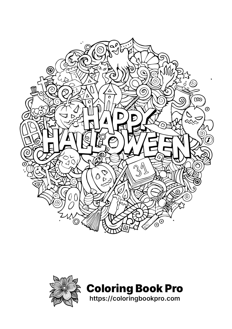 A black and white coloring page has the words "Happy Halloween" on it. icon