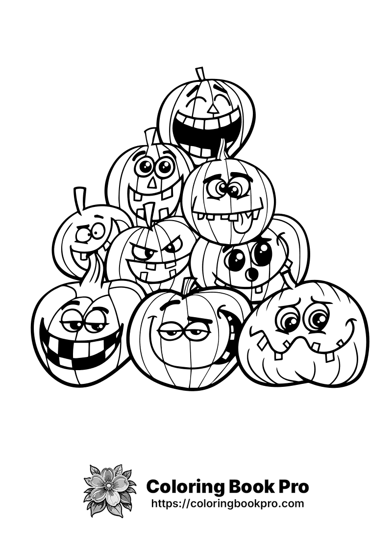 A black and white image of a pile of Halloween pumpkins. icon