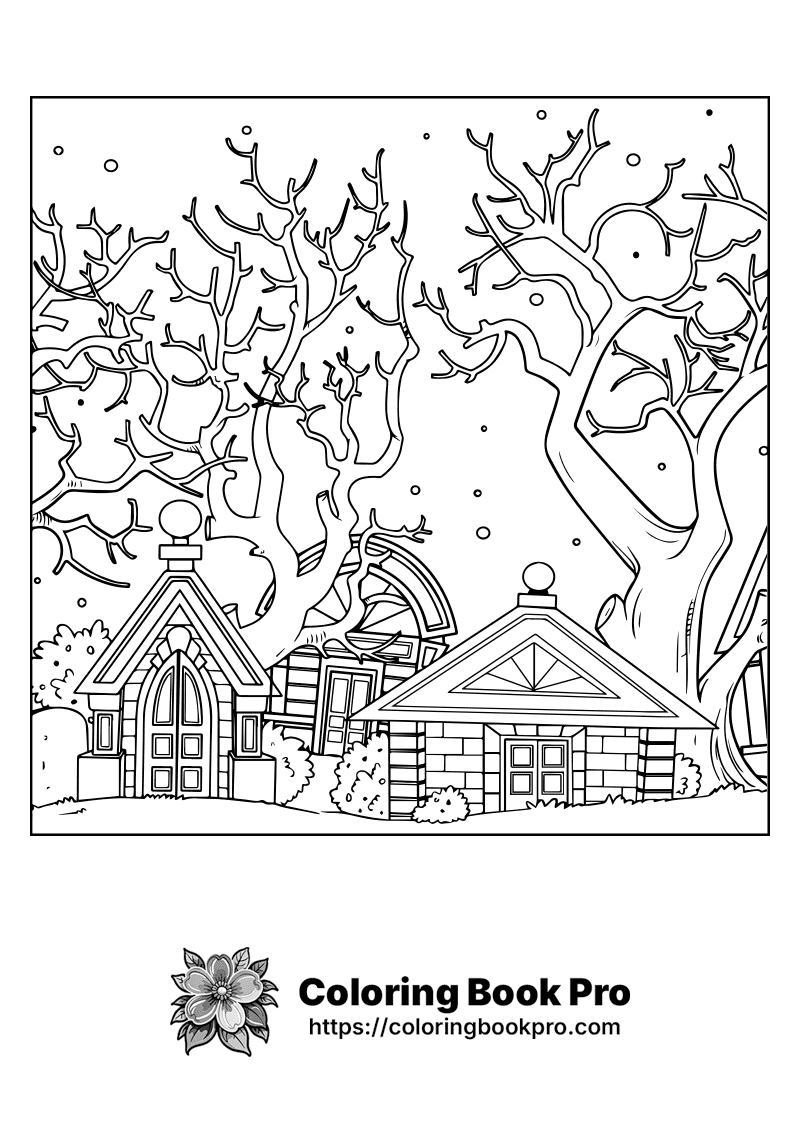 A black and white drawing of two small buildings and trees. icon