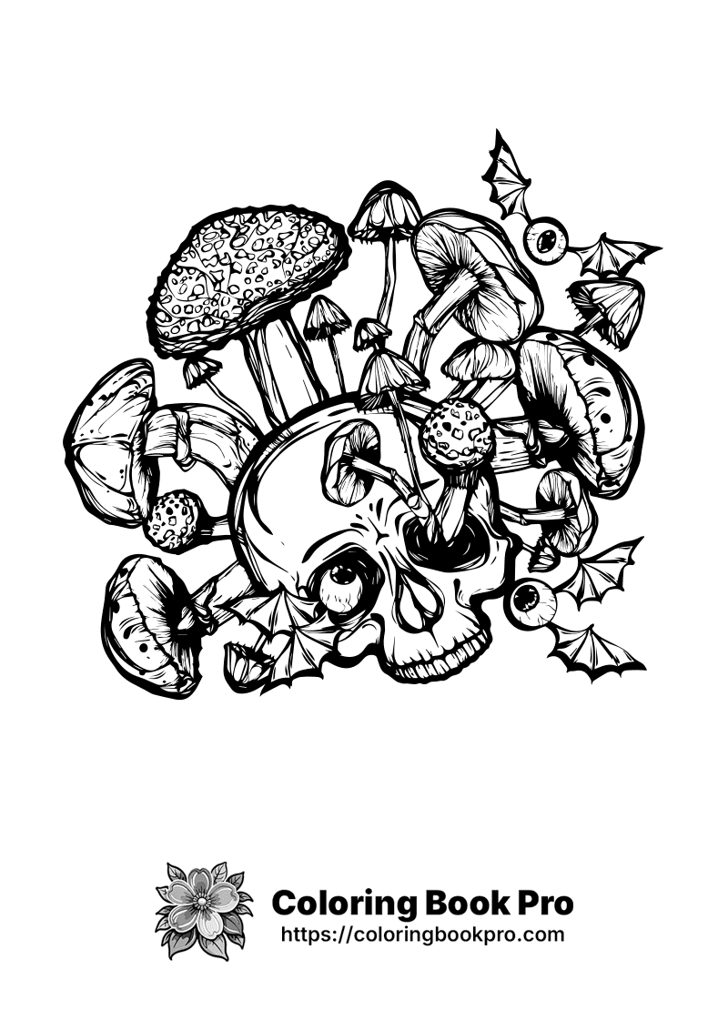 A black and white drawing of a skull surrounded by mushrooms. icon