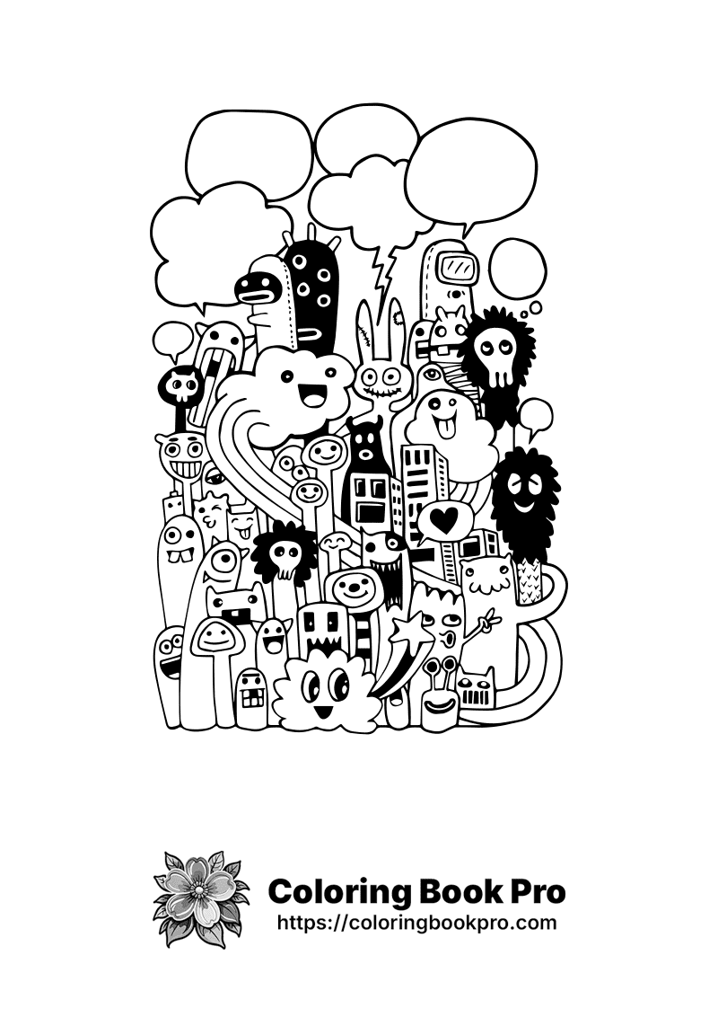 A black and white cartoon image of a bunch of monsters. icon