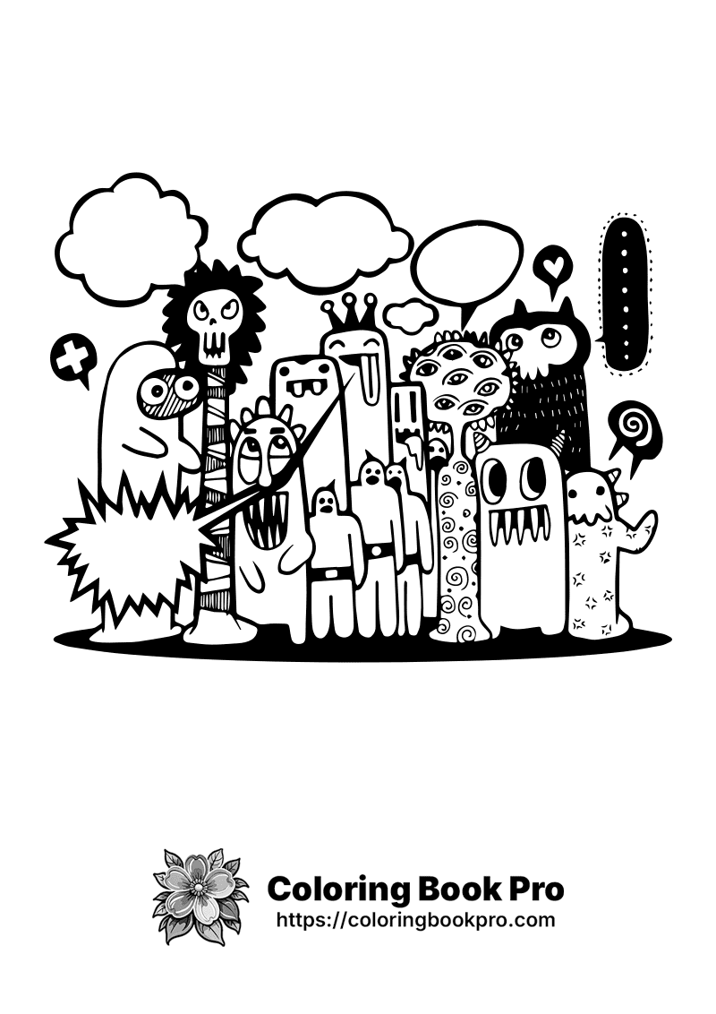 A black and white drawing of a bunch of monsters. icon