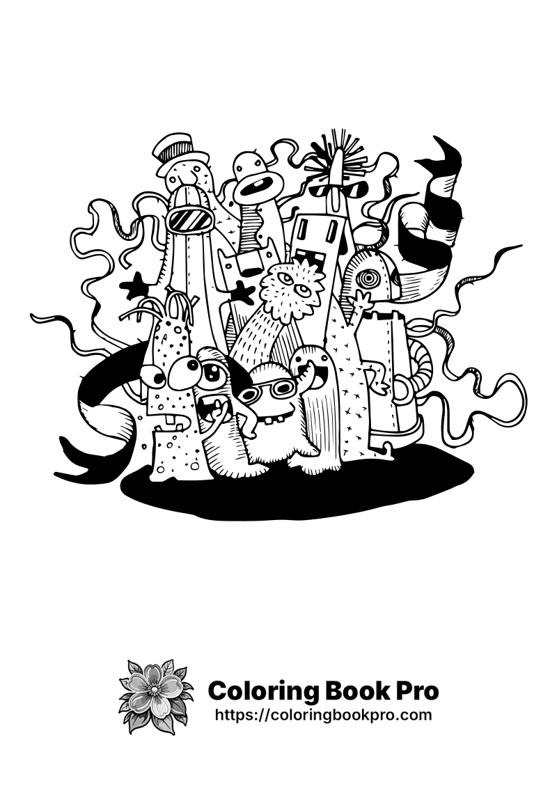 A black and white drawing of a bunch of monsters. icon
