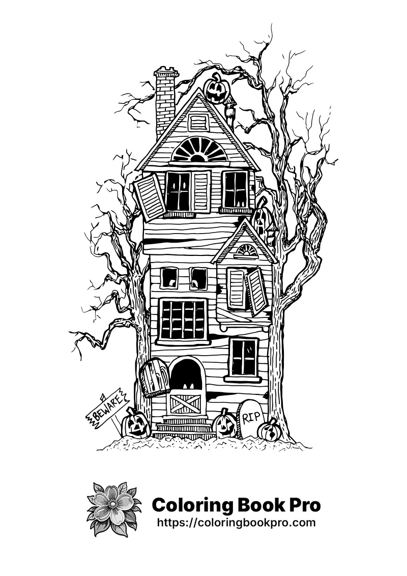 A black and white drawing of a house between two trees. icon