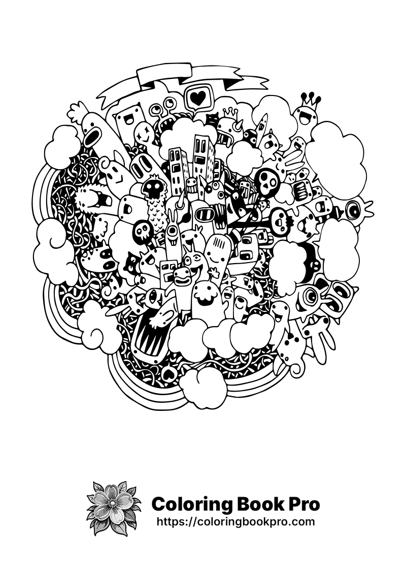 A black and white illustration of a circle of doodles. icon