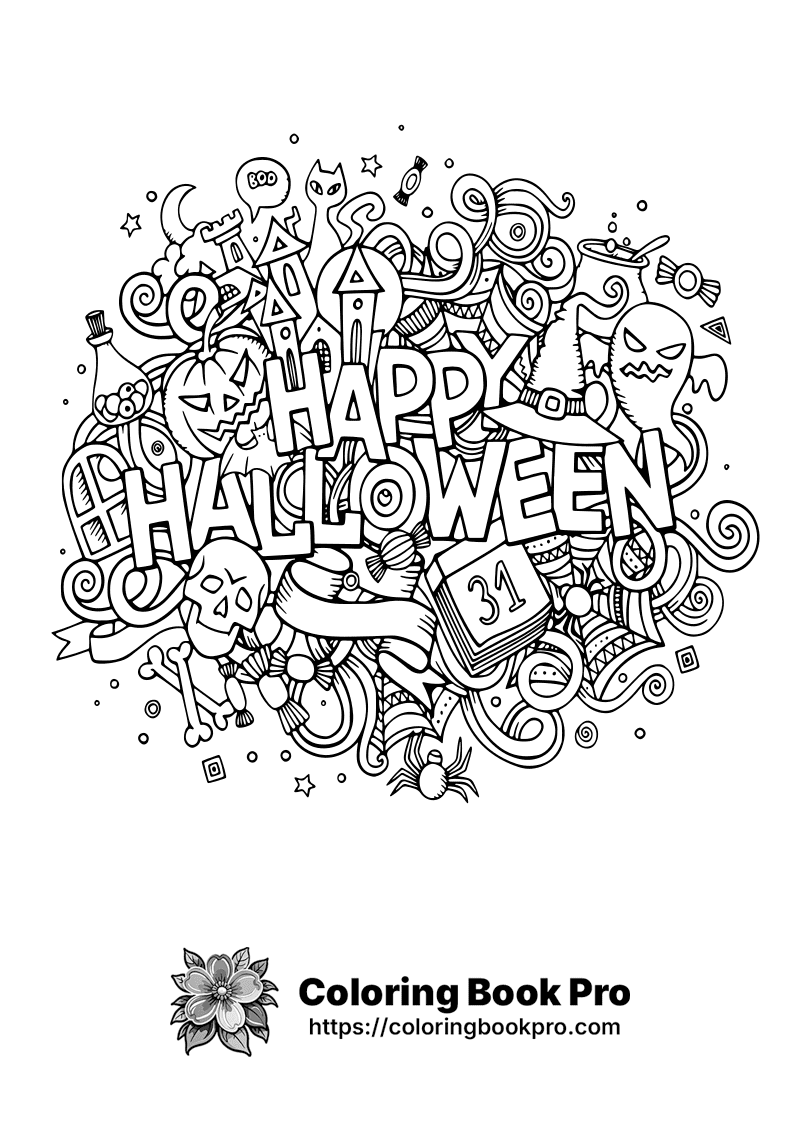 A black and white doodle drawing that says Happy Halloween. icon