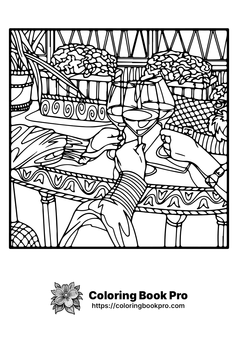 A black and white drawing of two people drinking wine. icon