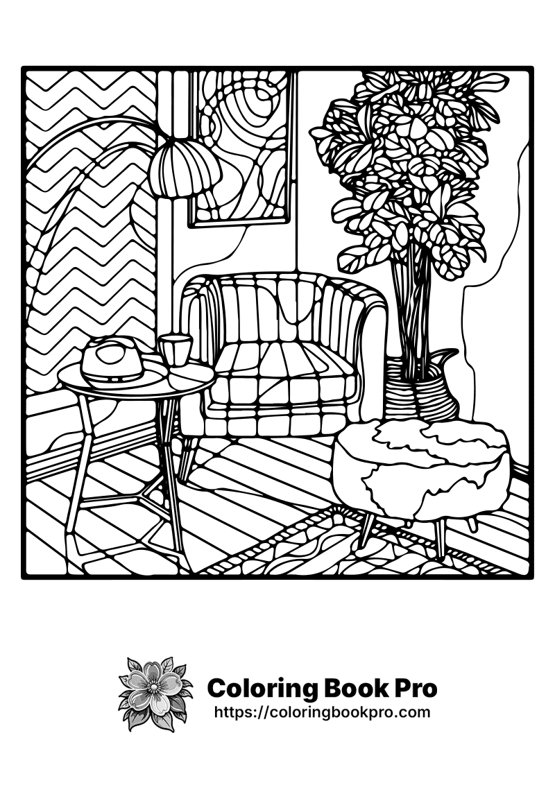 A drawing of a chair and table in a room. icon
