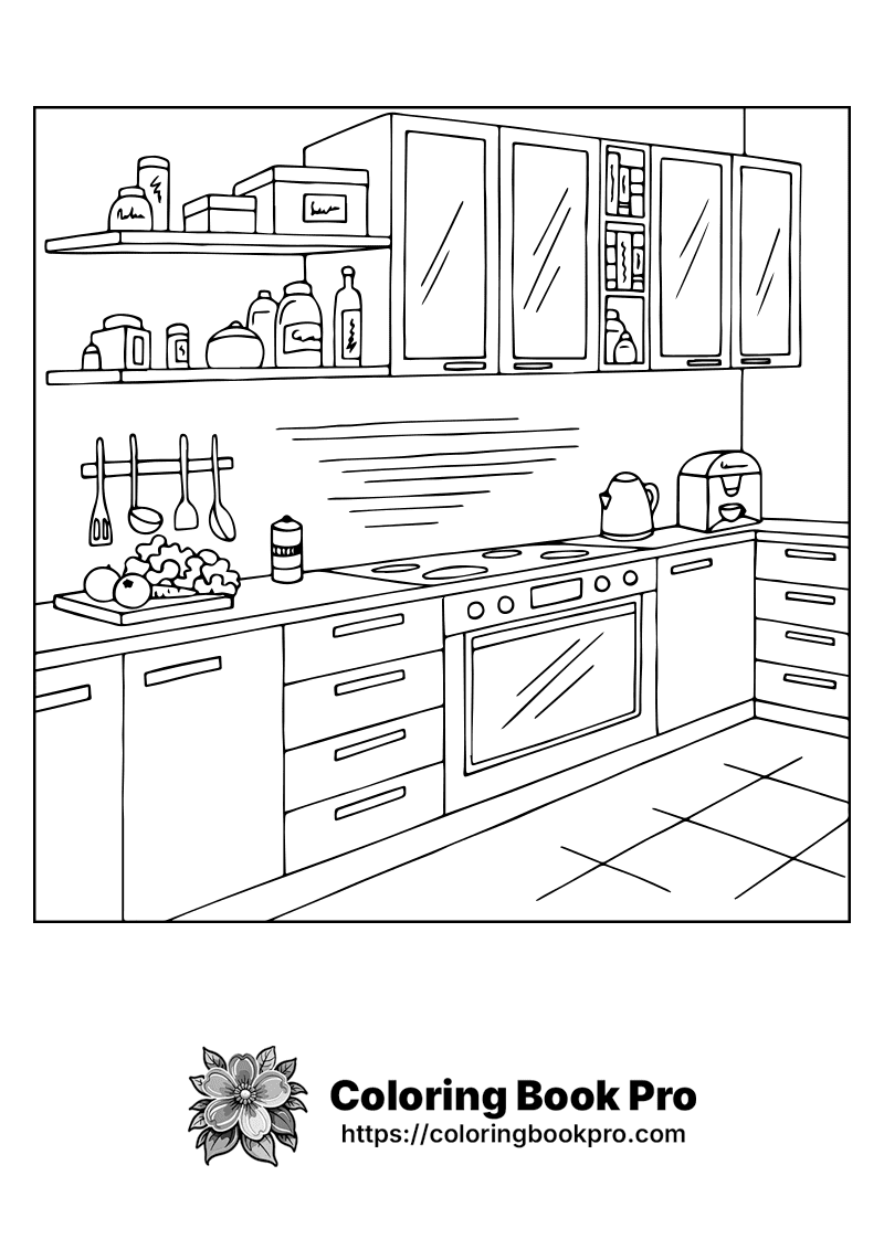 A black and white picture of a kitchen. icon