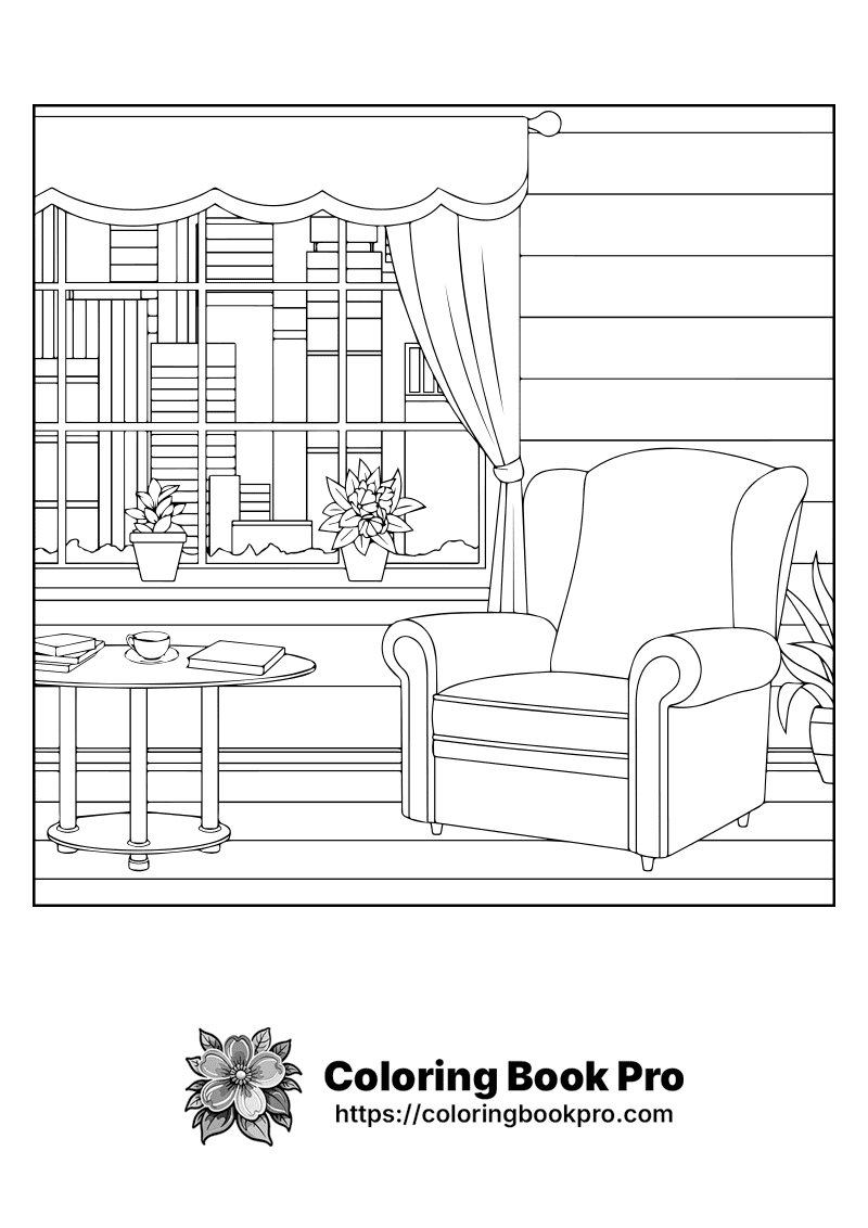 A drawing of a living room with a chair and a table. icon