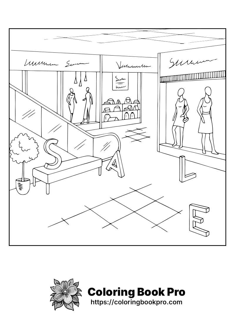 A line drawing of a store with a bench and people inside. icon