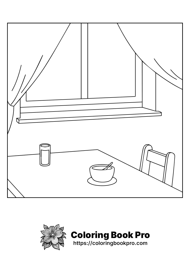 A drawing of a table with a cup of soup on it. icon