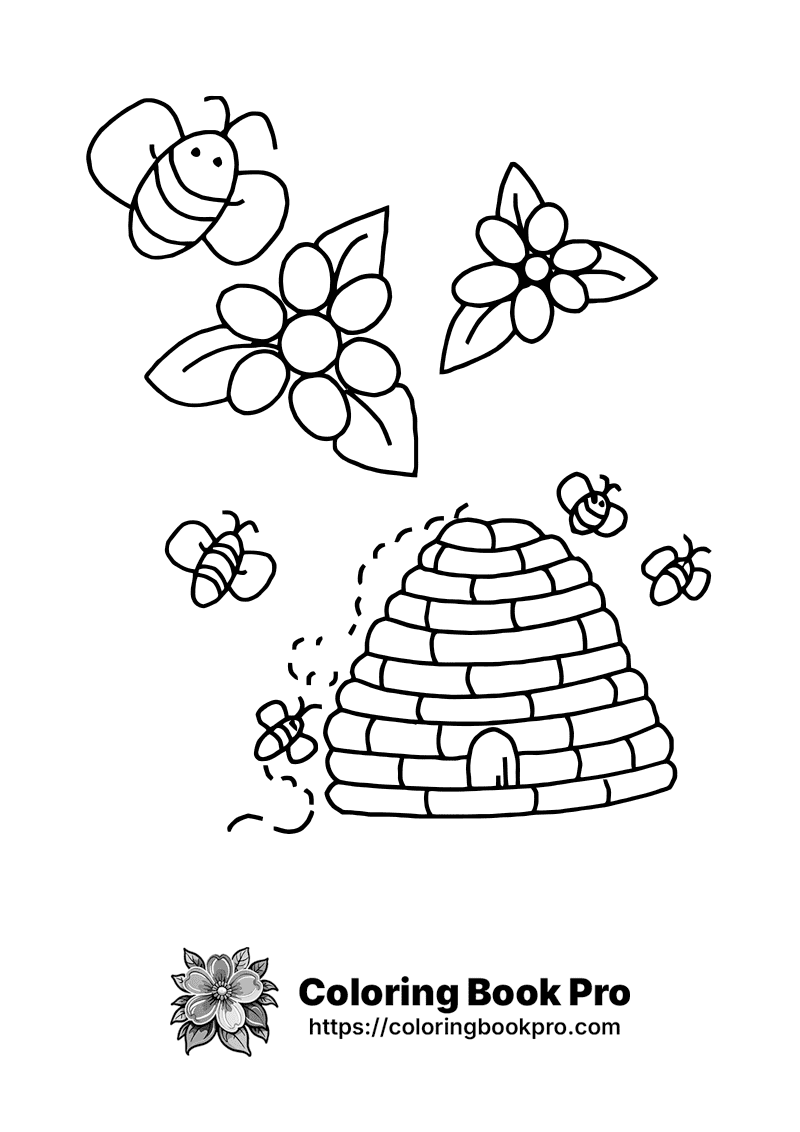 A black and white drawing of a beehive with bees flying around it. icon
