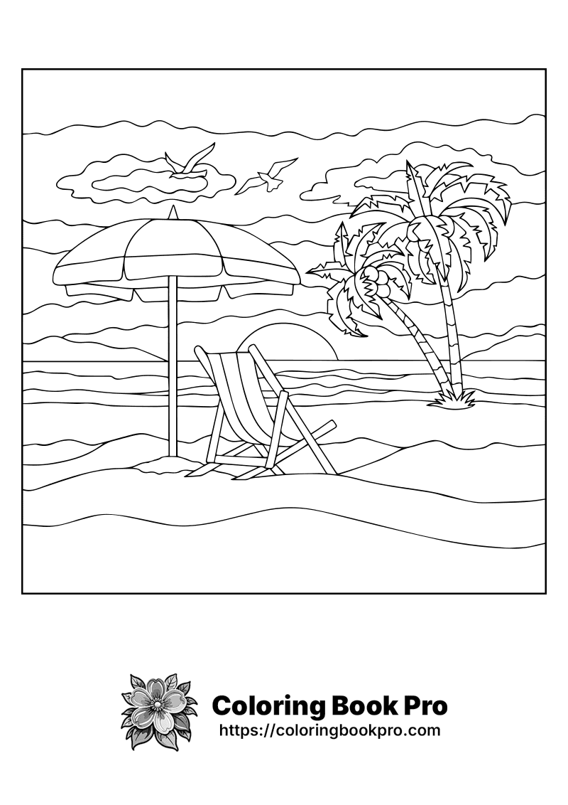 A beach scene with a chair and umbrella and a palm tree. icon