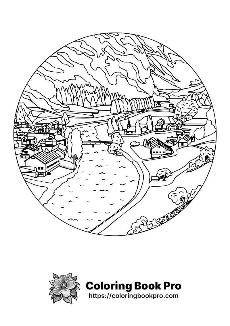 A black and white drawing of a circle with a village in it. icon