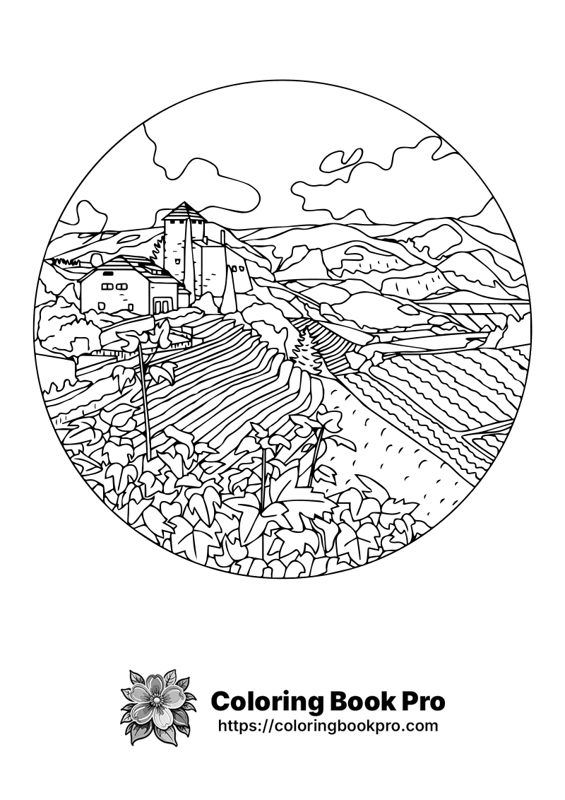 A black and white drawing of a farm in a circle icon