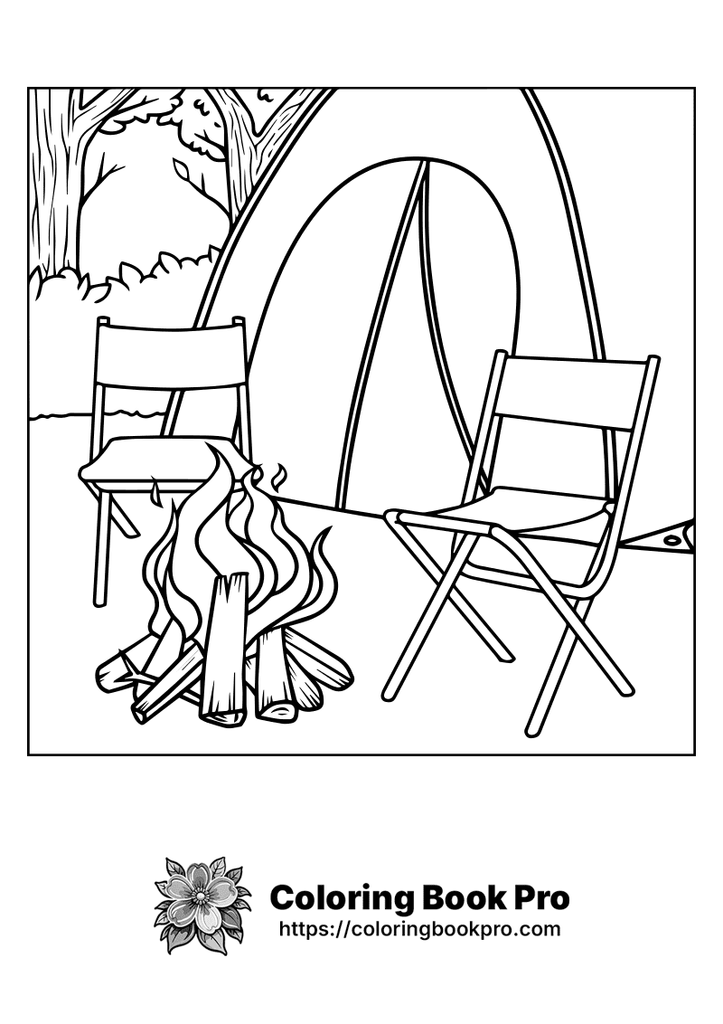 A campfire with camp chairs and a tent icon