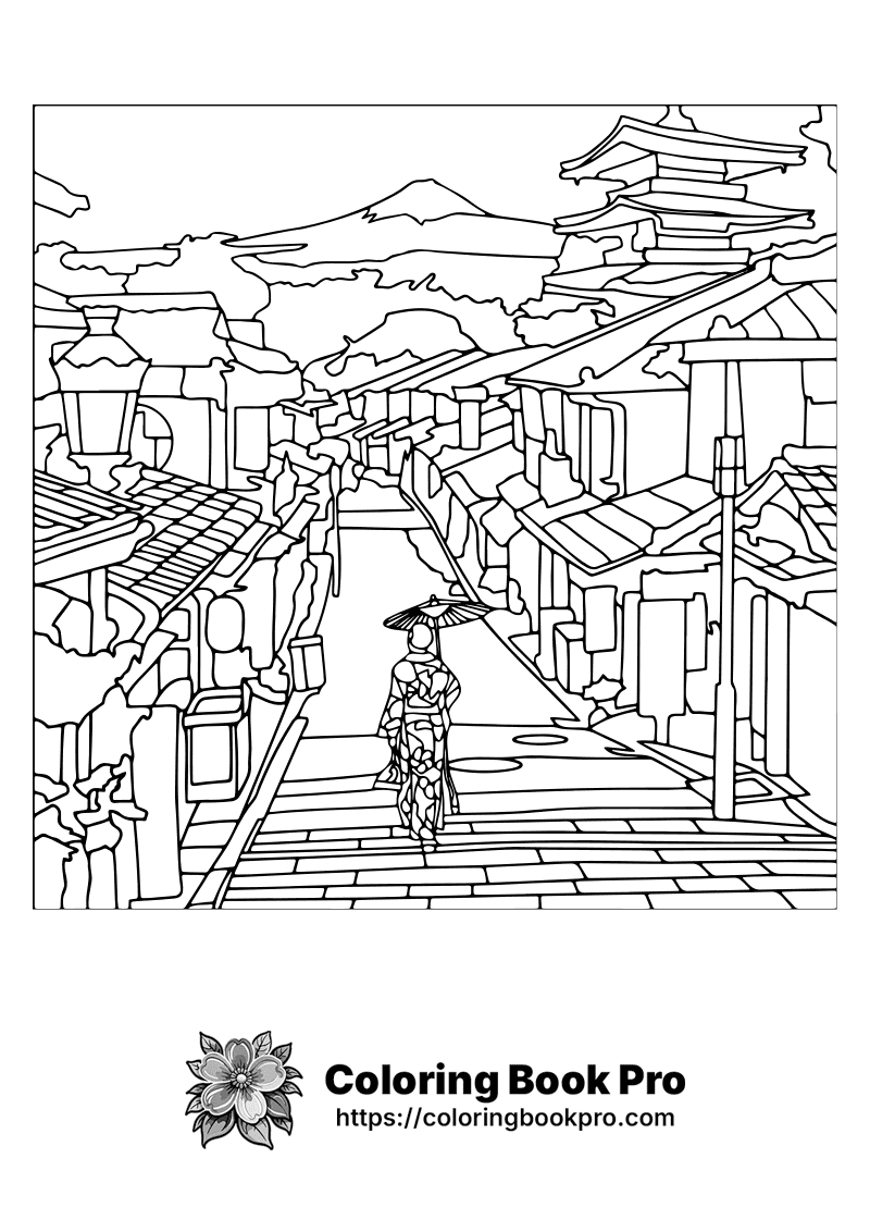 A black and white drawing of a person walking down a street. icon