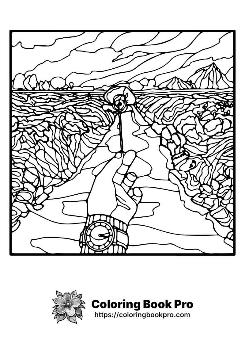 A black and white drawing of a hand holding a watch. icon