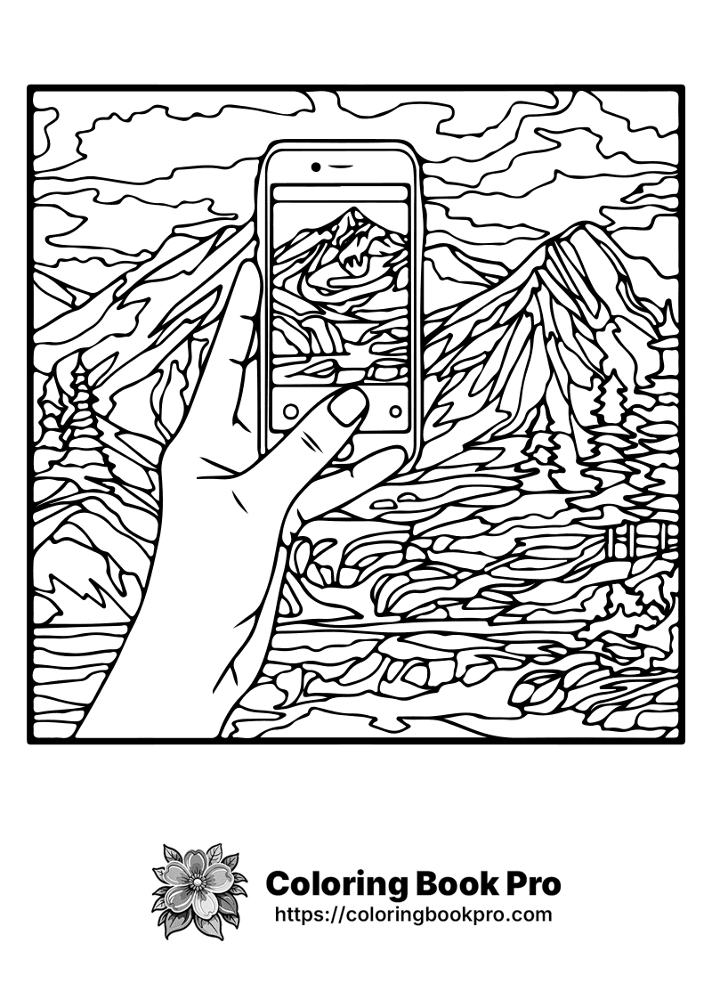 A hand holding up a smart phone in front of a mountain. icon
