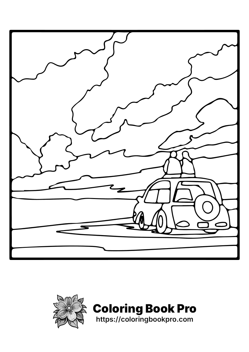 A black and white picture of a car with two people on top. icon