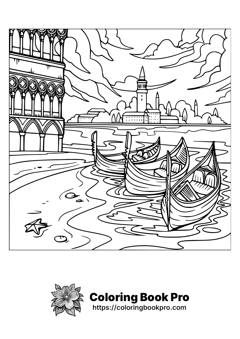 A black and white drawing of gondolas in the water. icon