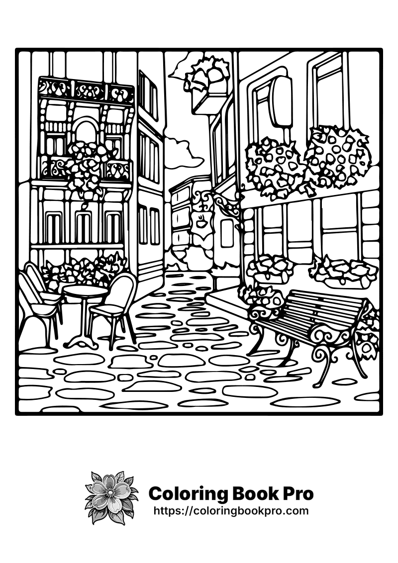 A black and white drawing of a city street icon