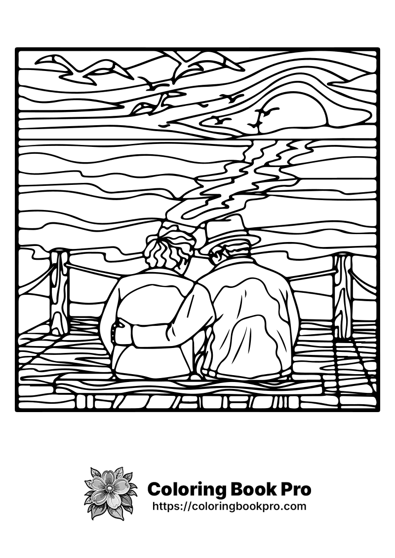 A black and white picture of two people sitting on a pier. icon