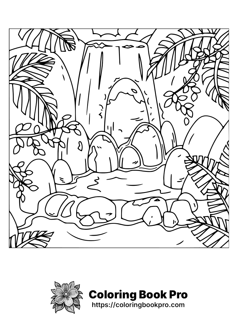 A black and white drawing of a jungle scene icon