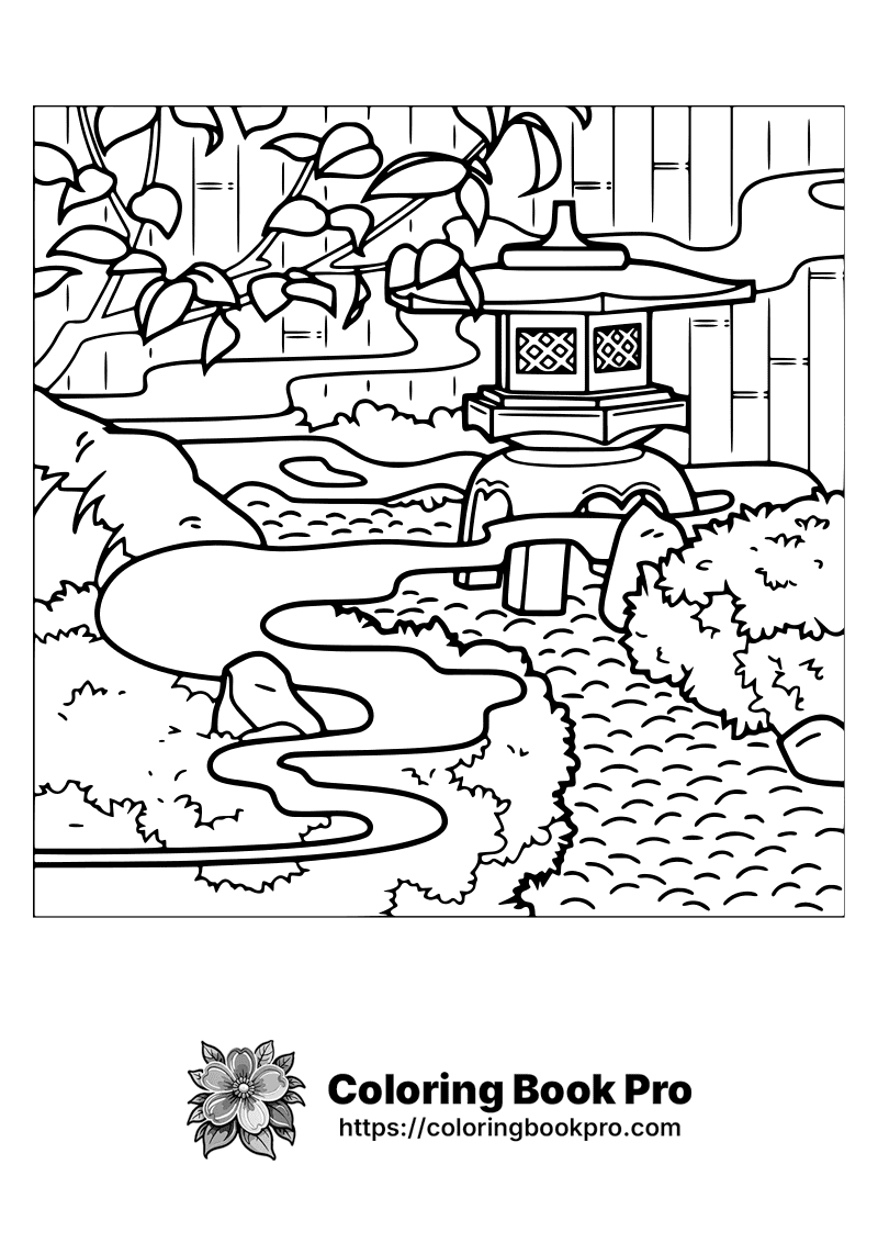 A black and white drawing of a pond and pagoda. icon
