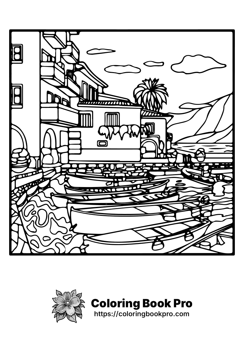 A black and white drawing of a city with boats. icon