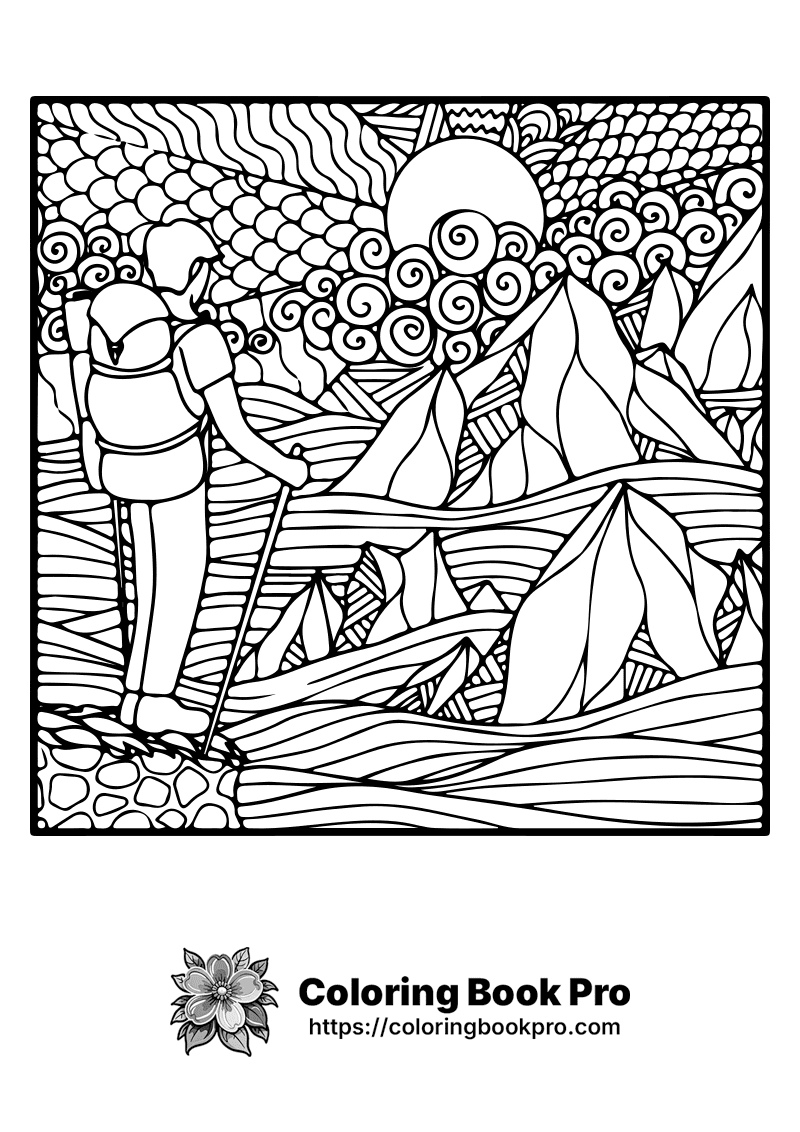 A black and white picture of a man hiking up a mountain. icon