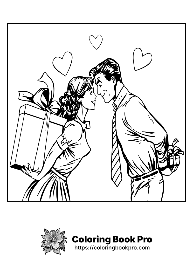 A black and white picture of a man giving a woman a gift. icon