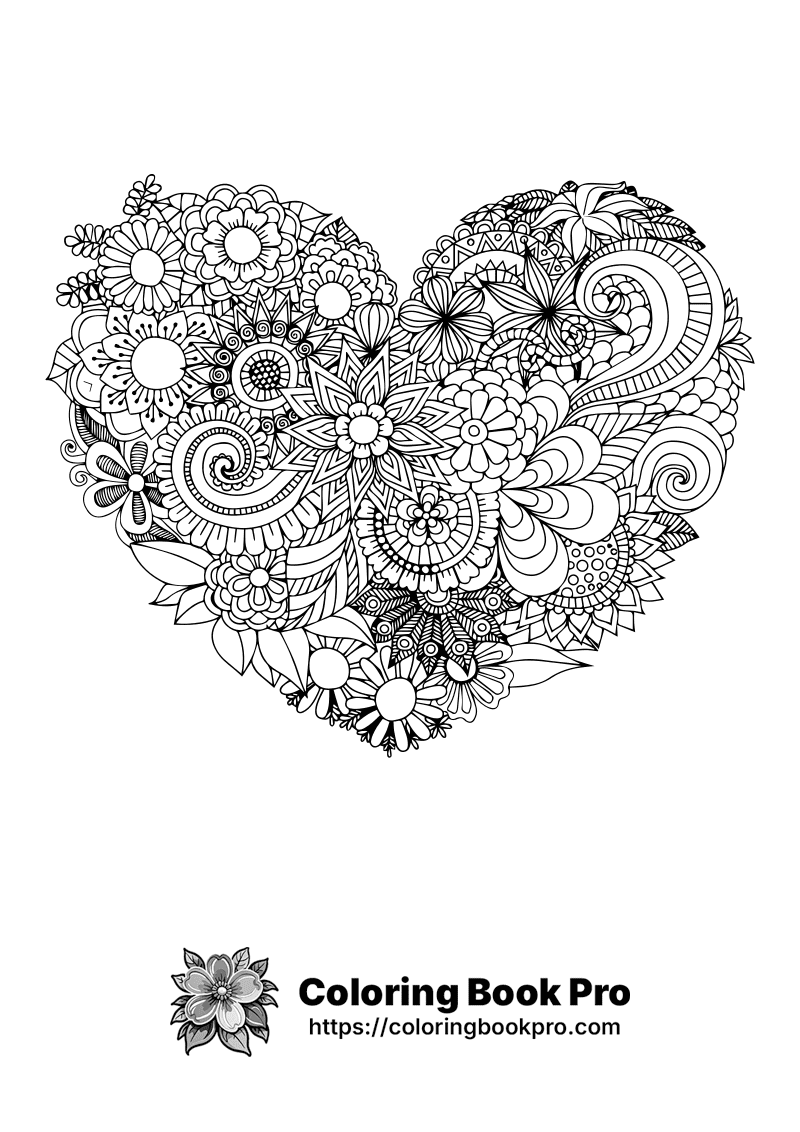 A coloring page of a heart filled with flowers. icon