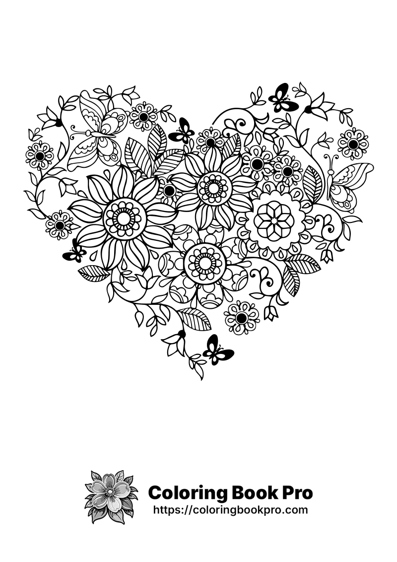 A black and white heart with flowers and butterflies. icon