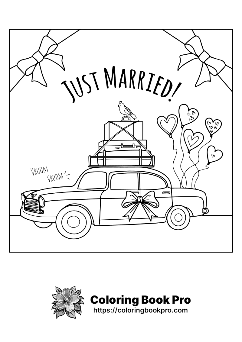 A black and white picture of a car that says just married. icon