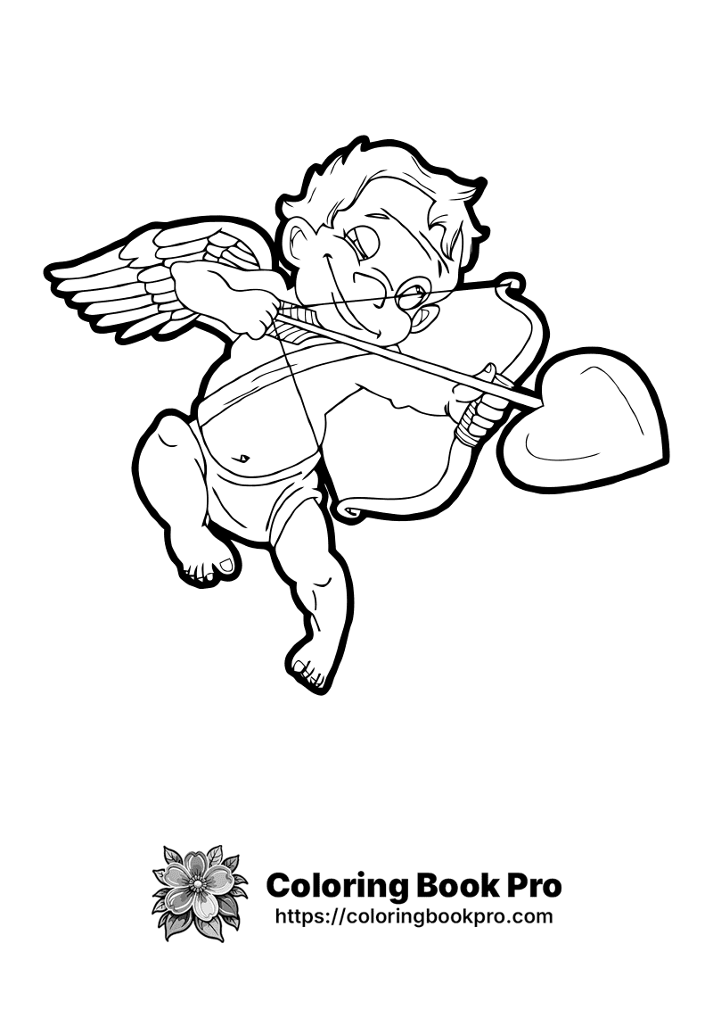 A black and white drawing of a cupid with a heart and bow. icon