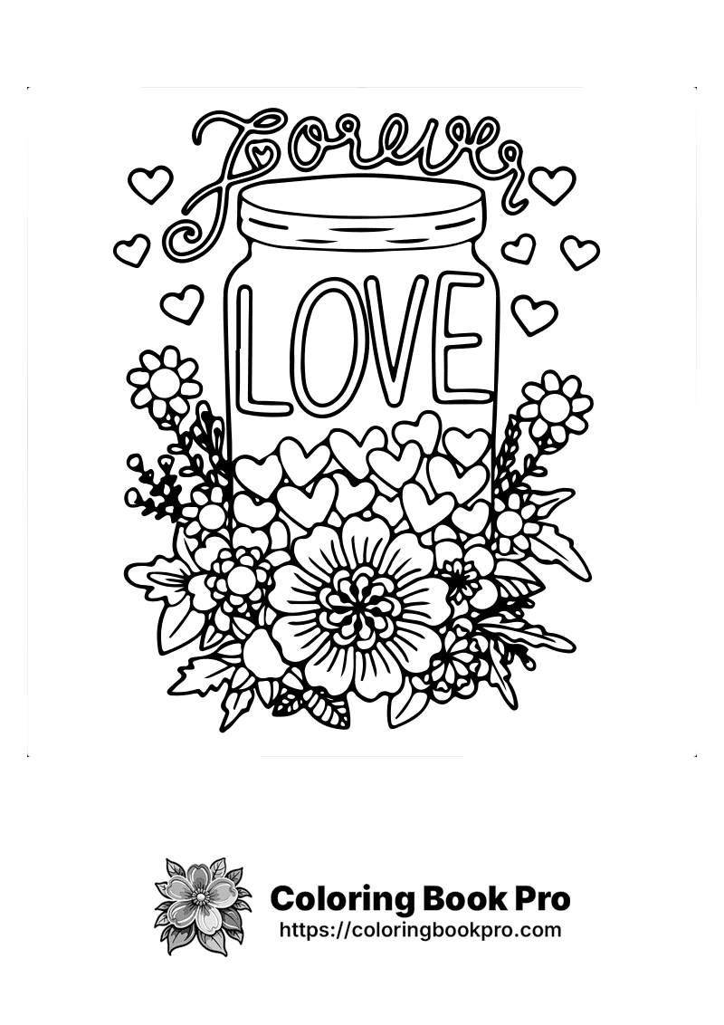 A black and white drawing of a jar filled with hearts and flowers that says forever love. icon