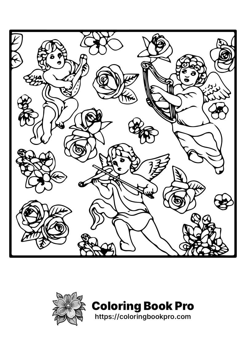 A black and white drawing of cupid playing musical instruments. icon