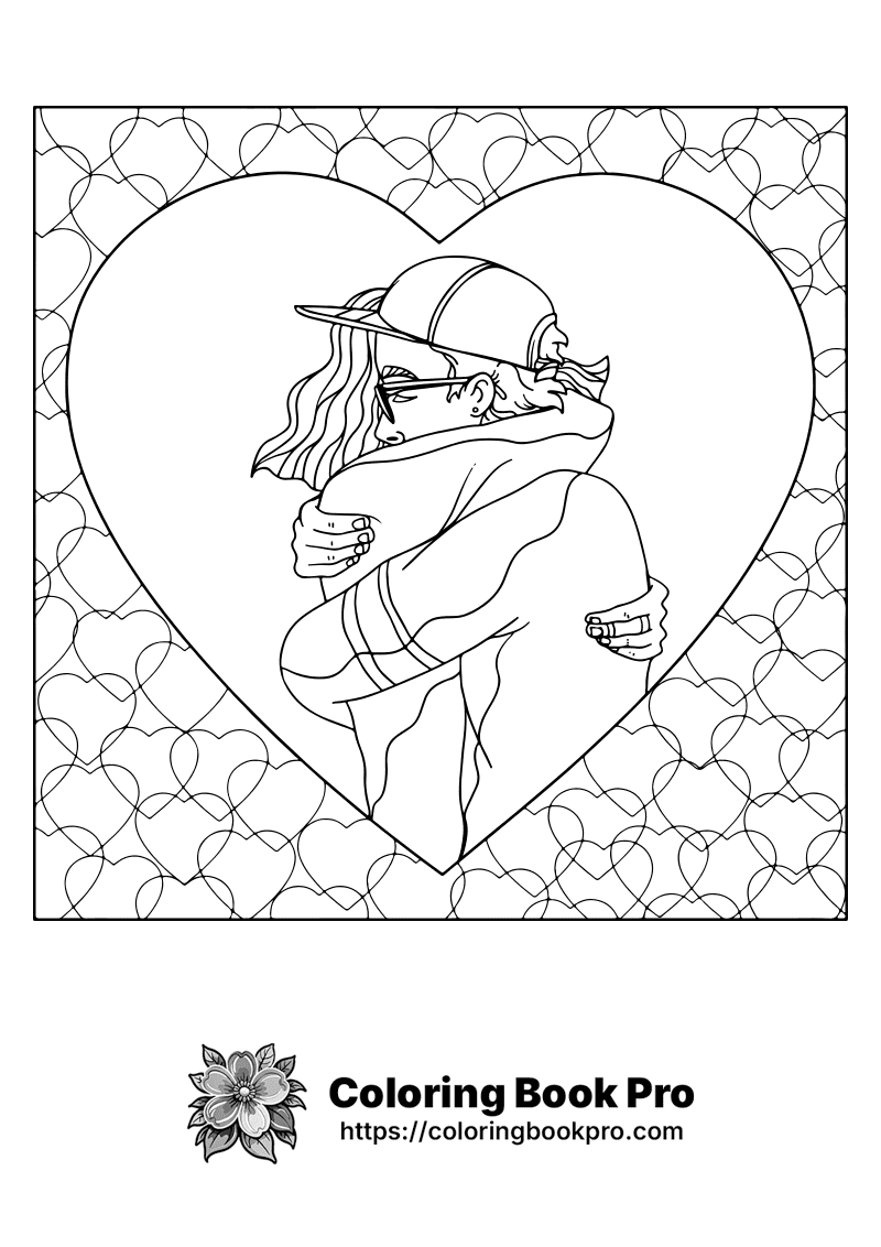A black and white drawing of a girl hugging a heart. icon