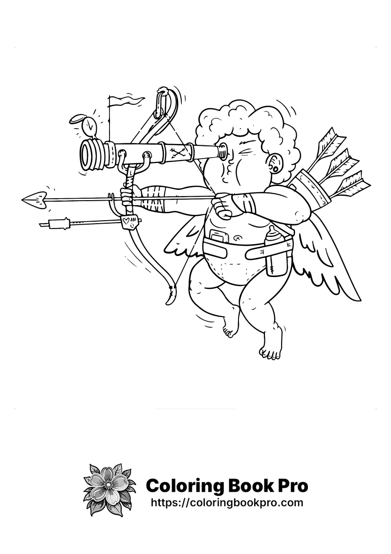 A black and white drawing of a cupid aiming a bow. icon