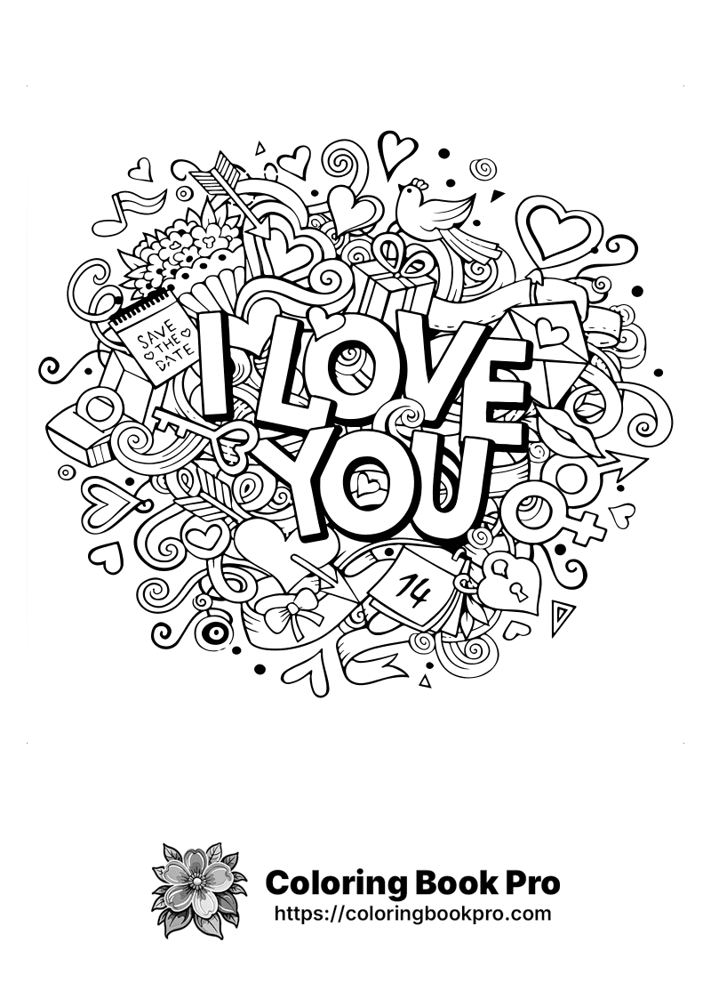 A coloring page that says I love you surrounded by doodles. icon