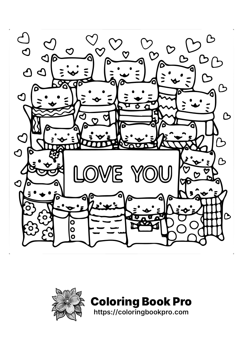 A black and white picture of a bunch of cats with a sign that says love you. icon