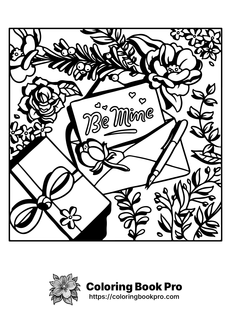 A black and white drawing of a bouquet of flowers and presents with the words Be Mine written on it. icon