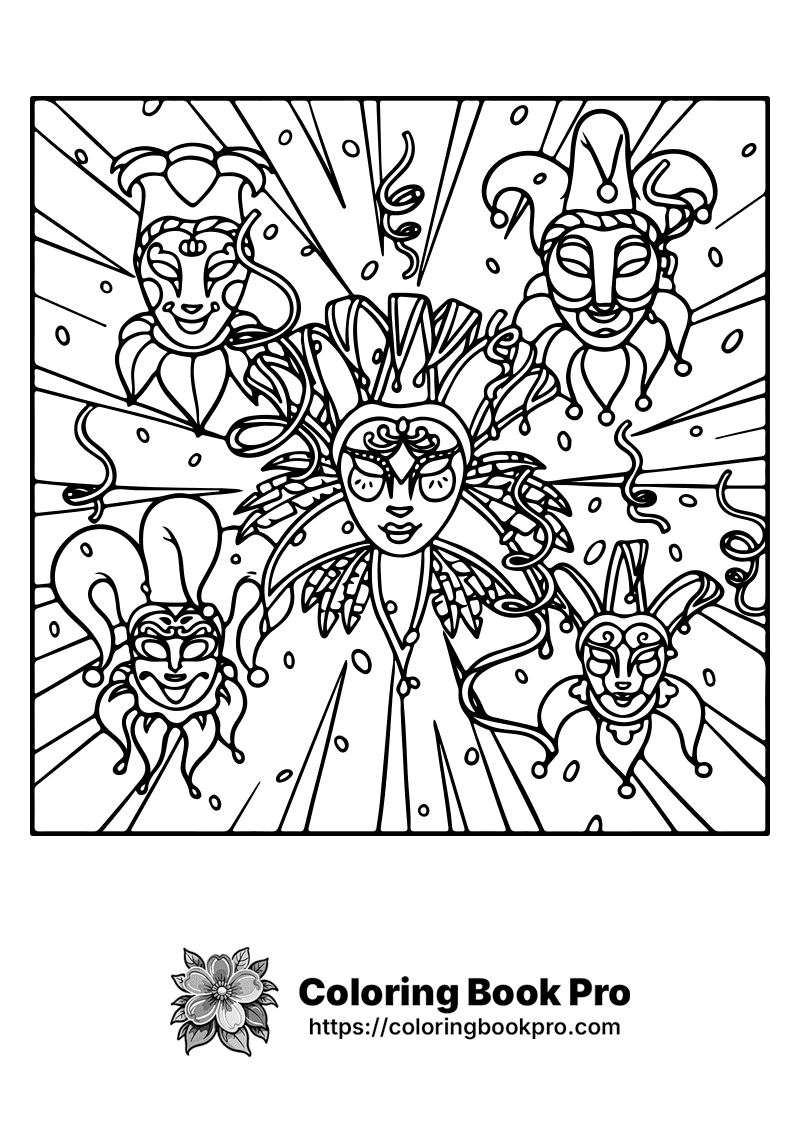 A black and white drawing of carnival masks. icon